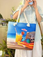 SANJOUS LARGE CAPACITY THICK ROPE CREATIVE BEACH SHELL PRINT TOTE BAG (DESIGN 005) - Image 2