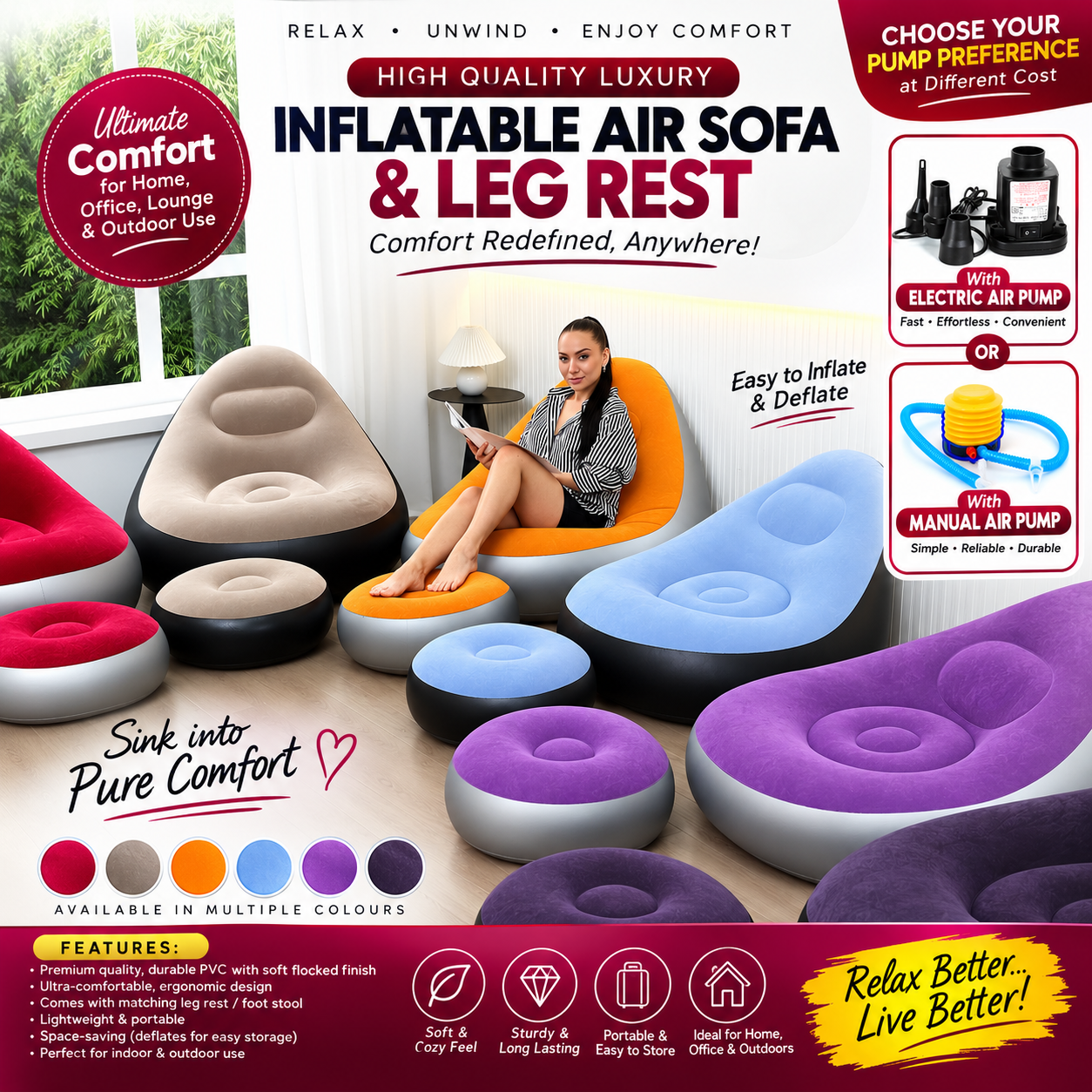 d068e230-308f-4e61-8d18-c120b477f750 HIGH QUALITY LUXURY INFLATABLE AIR SOFA WITH LEG REST + FREE PUMPING MACHINE - Image 1