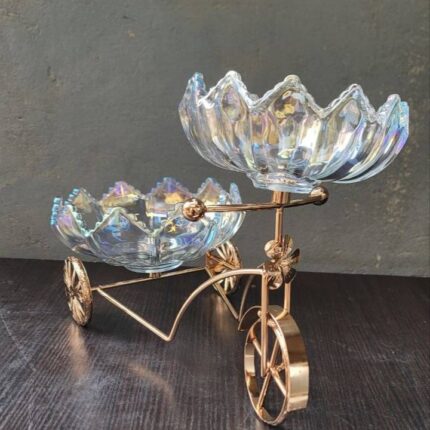 LUXURY TRICYCLE SHAPED METAL-FRAME CRYSTAL GLASS FRUIT & DESSERT TRAY (INTERIOR DECOR 001)