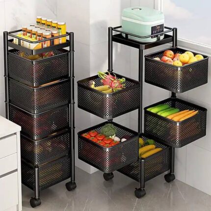 FLOOR-MOUNTED MULTI-LAYER ROTATING SQUARE STAINLESS STEEL DRAWER TROLLEY – KITCHEN, BATH & LIVING ROOM STORAGE ORGANIZER / RACK