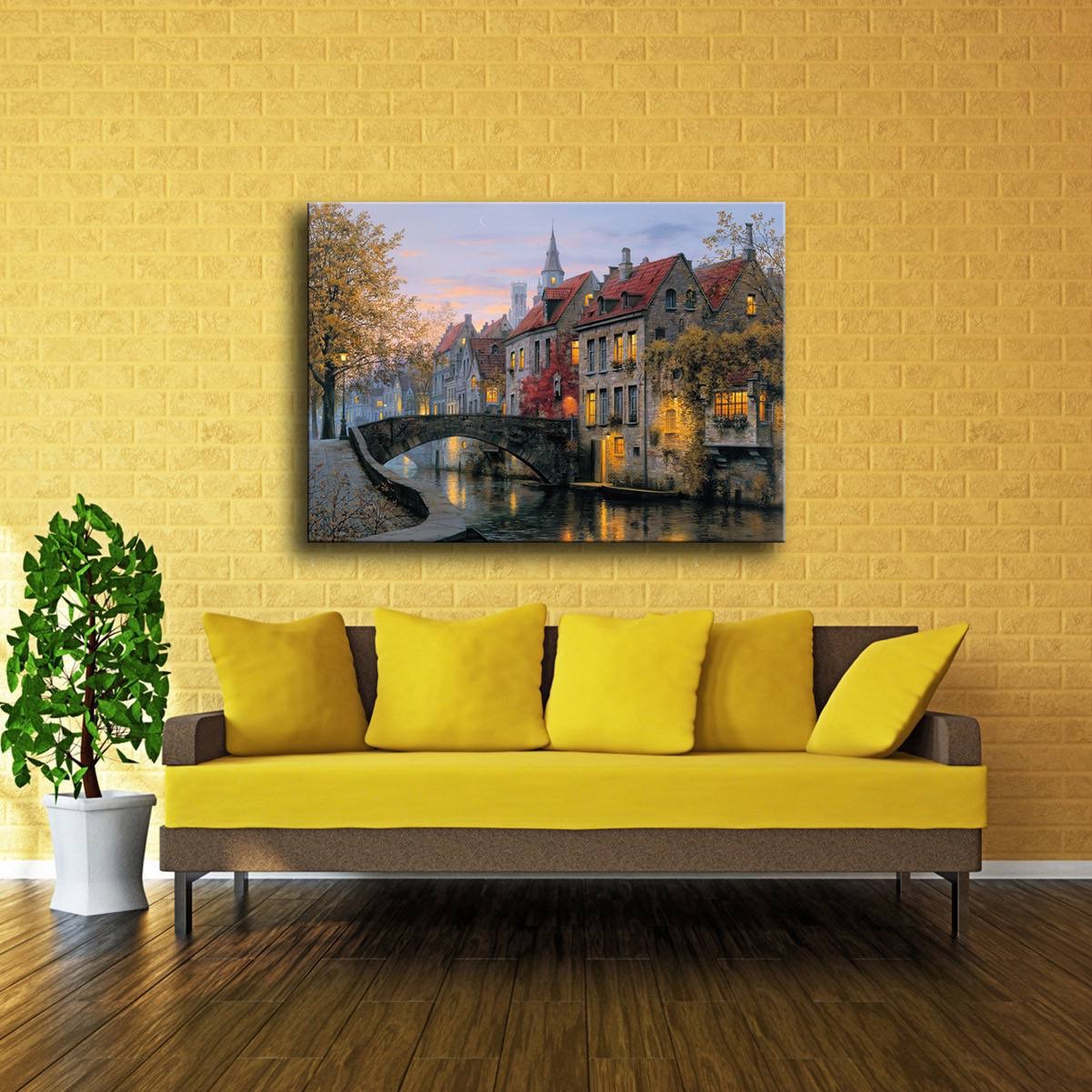 img_1635 SCENERY CROSS STITCH EMBROIDERY ART – SUNSET GLOW HOUSE & BRIDGE FRAMELESS CANVAS - Image 1