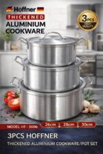 3PCS HOFFNER THICKENED ALUMINIUM COOKWARE/POT SET — MODEL: HF 3006
(Sizes: 22/24/26CM)