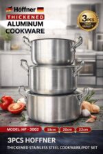 3PCS HOFFNER THICKENED ALUMINIUM COOKWARE/POT SET — MODEL: HF - 3002 (Sizes: 18, 20, 22cm)