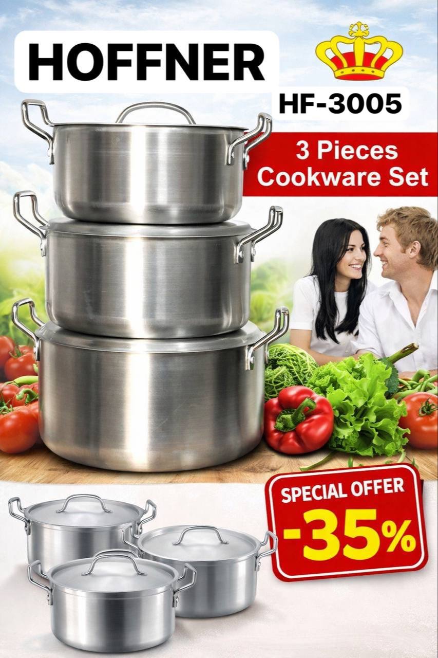 img_4208 3PCS HOFFNER THICKENED STAINLESS STEEL COOKWARE/POT SET — MODEL: HF 3005 (Sizes: 24/26/28CM) - Image 1