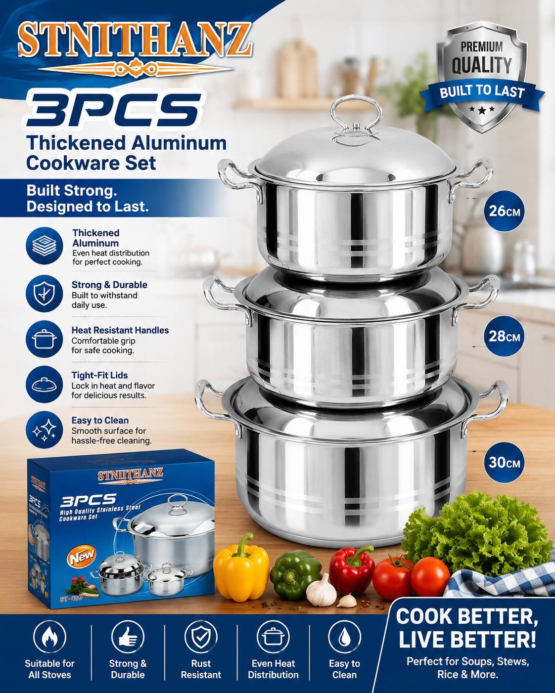 img_4219 3PCS STNITHANZ SUPERIOR QUALITY THICKENED STAINLESS STEEL COOKWARE / POT SET (SIZE: 26/28/30CM) - Image 1