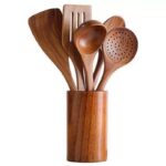 5PCS NATURAL WOODEN COOKING SPOON SET WITH CONTAINER