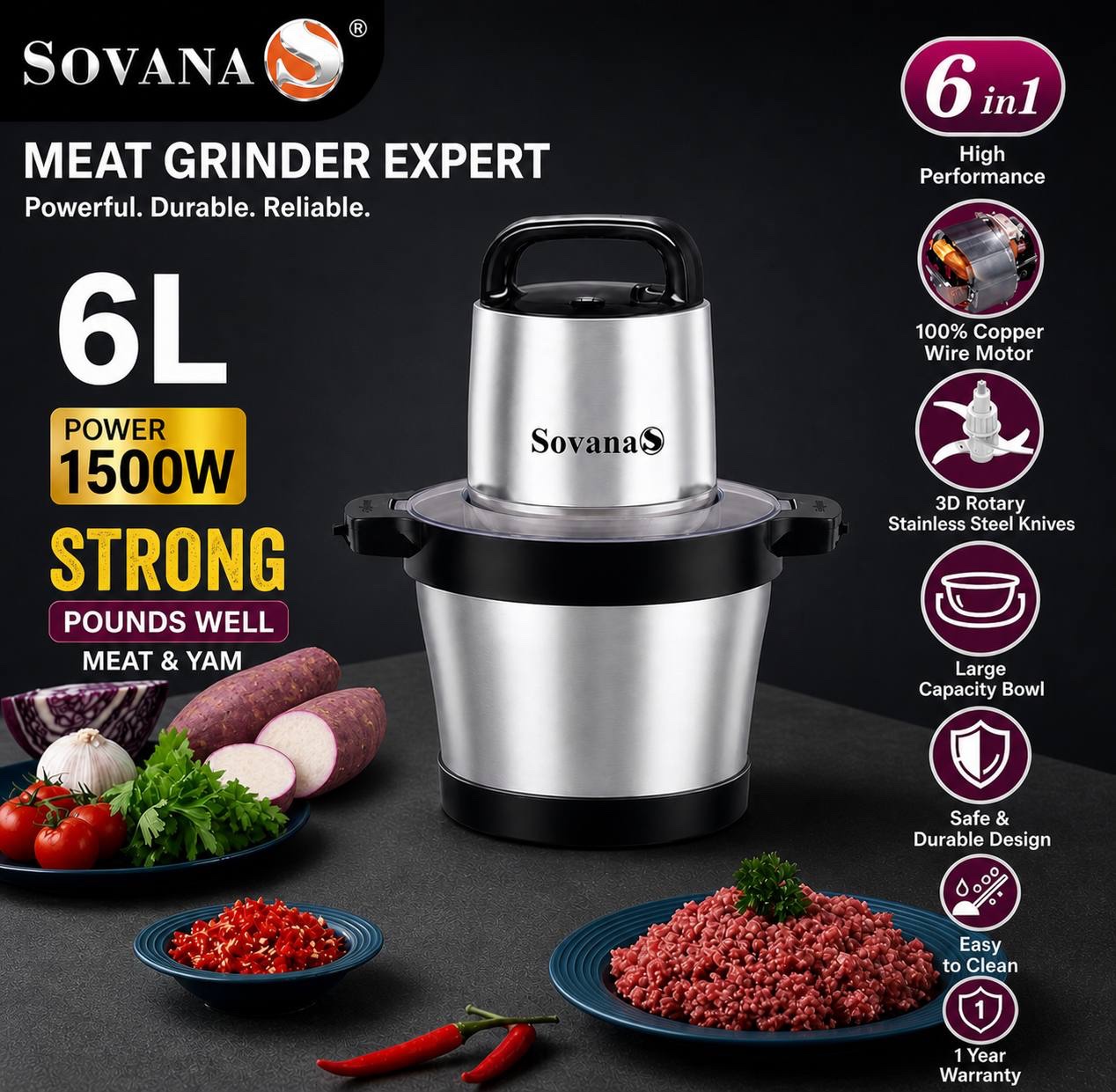 img_5130 6L SOVANA ELECTRIC KITCHEN EXPERT YAM POUNDER & FOOD PROCESSOR (1500WATT - COPPER MOTOR) - Image 1