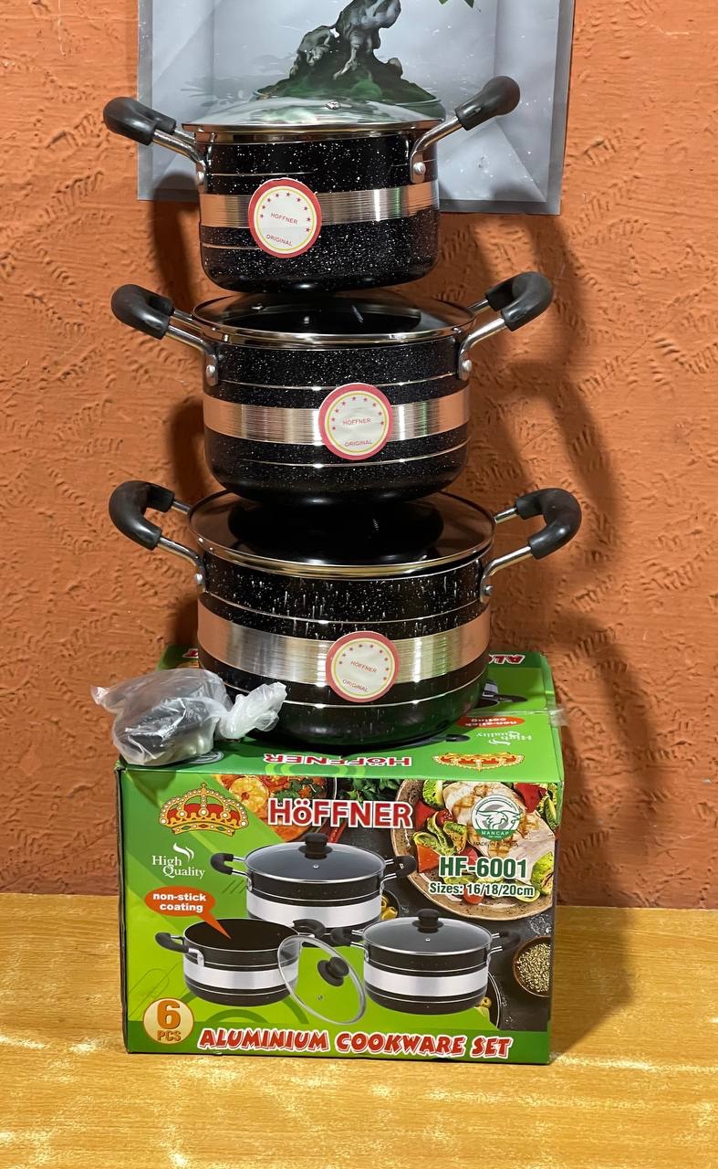 img_5138 6PCS HOFFNER THICKENED ALUMINUM NON-STICK COOKWARE/POT SET WITH FRY PAN (HF-6001) Sizes: 16CM, 18CM & 20CM - Image 1