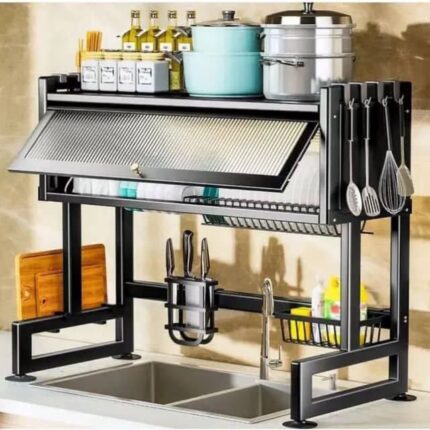 OVER-THE-SINK MULTIFUNCTIONAL METAL ADJUSTABLE DISH / PLATE RACK – WITH COVER