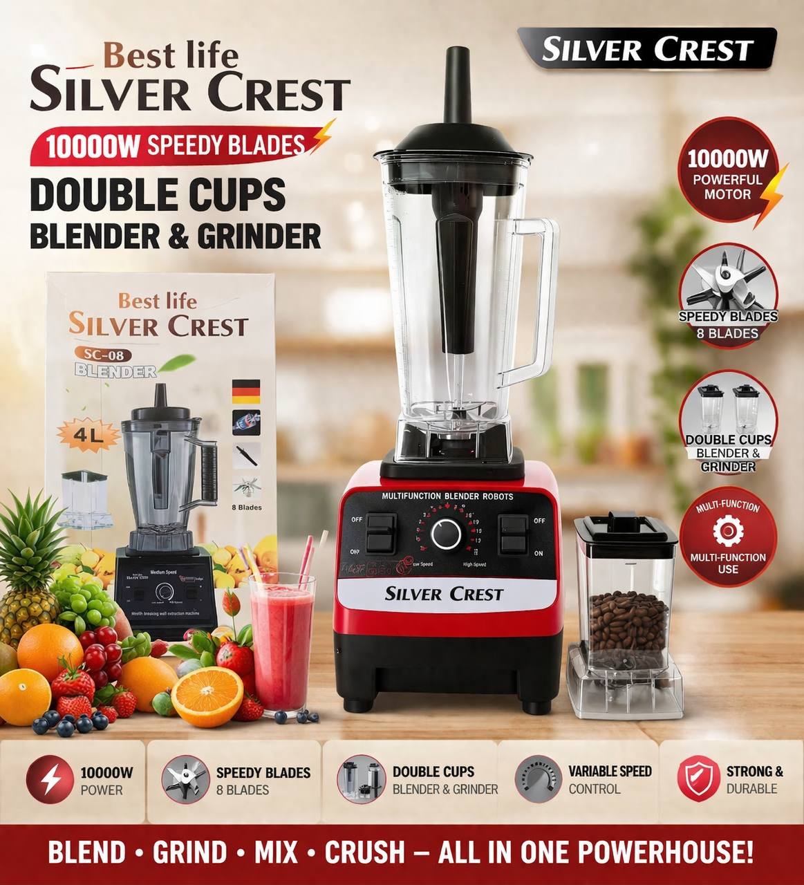 img_5854 SILVER CREST 10000W MULTIFUNCTIONAL DOUBLE CUP BLENDER & GRINDER (4L & 1.5L JAR CUPS) - Image 1