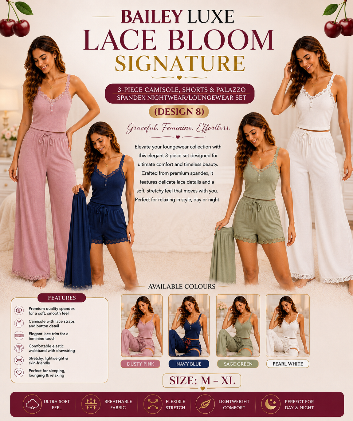 8dfda3b3-ef0e-4c34-ae6b-8695d963c6e4-3 BAILEY LUXE LACE BLOOM SIGNATURE 3-PIECE CAMISOLE, SHORTS & PALAZZO SPANDEX NIGHTWEAR/LOUNGEWEAR SET (DESIGN 8) - Image 1