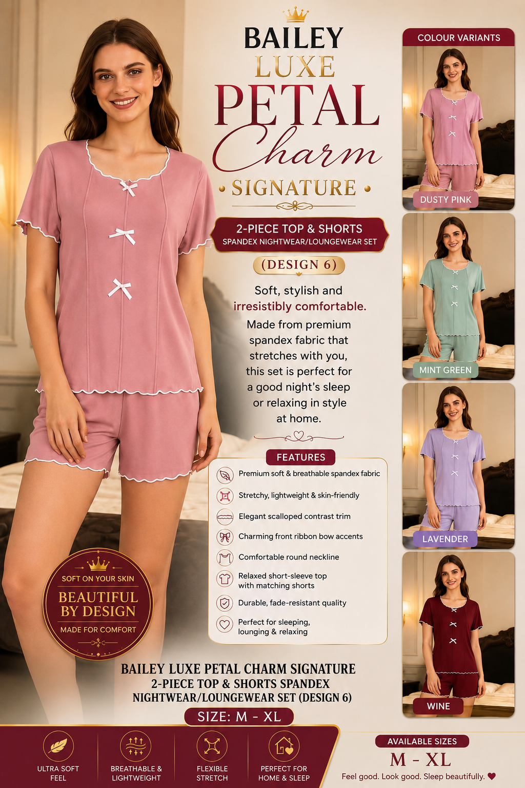 dead2250-1795-4f78-86c9-08653111d500-5 BAILEY LUXE PETAL CHARM SIGNATURE 2-PIECE TOP & SHORTS SPANDEX NIGHTWEAR/LOUNGEWEAR SET (DESIGN 6) - Image 1