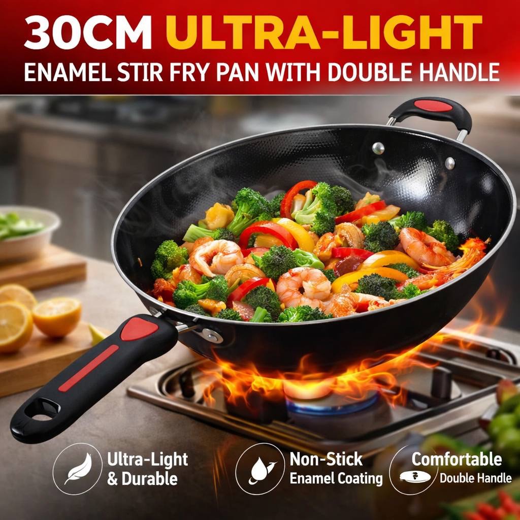 img_7298 30CM ULTRA-LIGHT ENAMEL STIR FRY PAN WITH DOUBLE HANDLE - Image 1