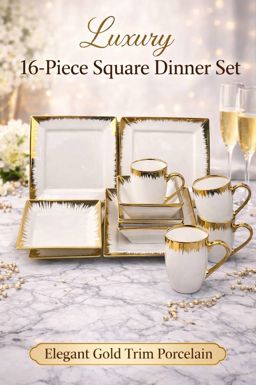 img_7312 16-PIECE LUXURY EUROPEAN SQUARE CERAMIC STONEWARE DINNER SET (GOLD & WHITE) - Image 1