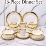 16-PIECE LUXURY EUROPEAN ROUND CERAMIC STONEWARE DINNER SET (GOLD & WHITE)