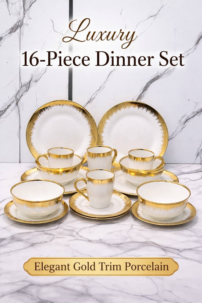 img_7315 16-PIECE LUXURY EUROPEAN ROUND CERAMIC STONEWARE DINNER SET (GOLD & WHITE) - Image 1