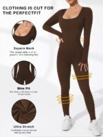 QUALITY LADIES’ LONG-SLEEVE STRETCH HIGH BACK RIBBED SEAMLESS BODYCON SHAPING JUMPSUIT - Image 3
